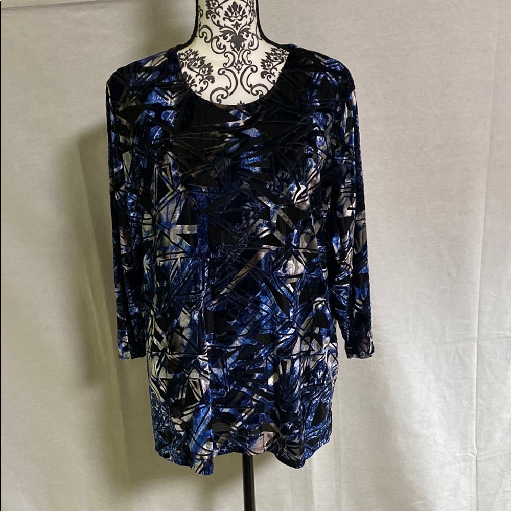 Allison Daley Plus Blouse fully lined Crushed  Velvet Burnout Abstract Design